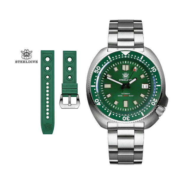 Steeldive Reloj de Buceo SD1970 Verde acero inoxidable, Cristal zafiro, 44mm, Movimiento automatico Seiko NH35, Pulsera con bisel de ceramica