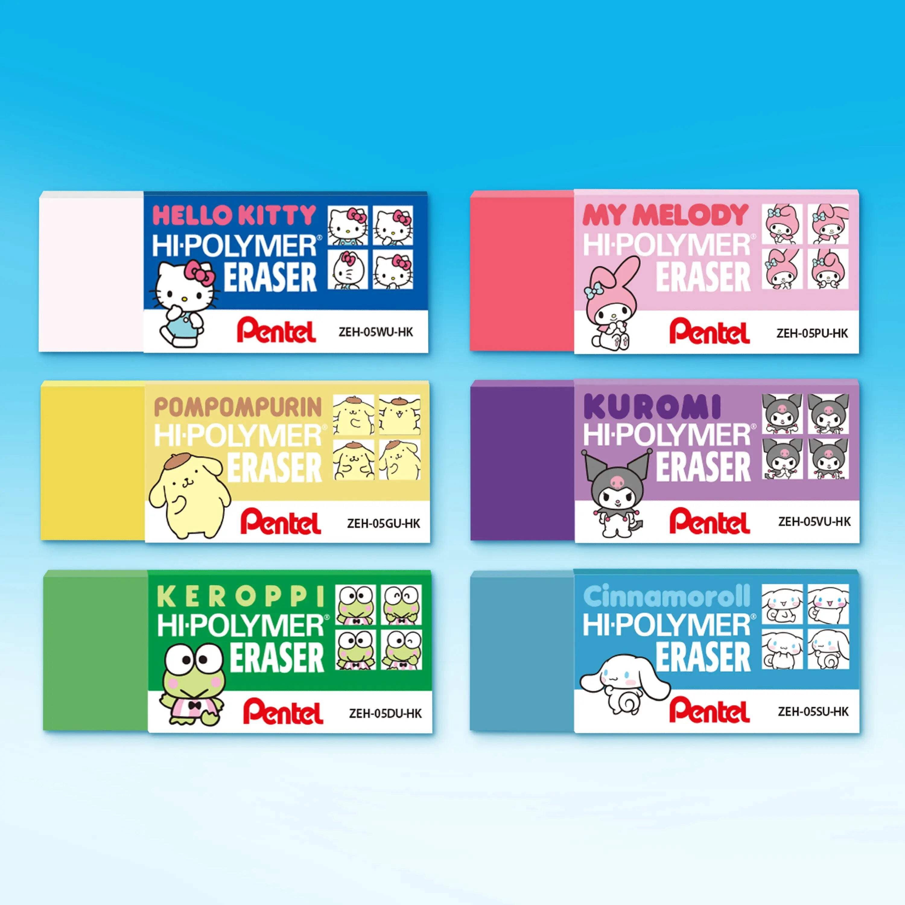 Pentel Hi-Polymer Eraser Colors, Hello Kitty® and Friends, Small Assorted Colors Block Eraser, Canister Display - 48 Pcs