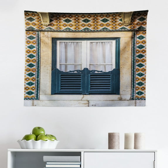 Shutters Tapestry, Basket of Flowers Historic Building Window Classic Lace Theme Inside Image, Fabric Wall Hanging Decor for Bedroom Living Room Dorm, 2 Sizes, Beige Green, by Ambesonne