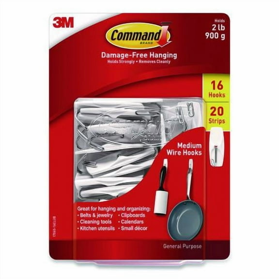 General Purpose Wire Hooks, Medium, Metal, White, 2 lb Capacity, 16 Hooks and 20 Strips/Pack | Bundle of 2