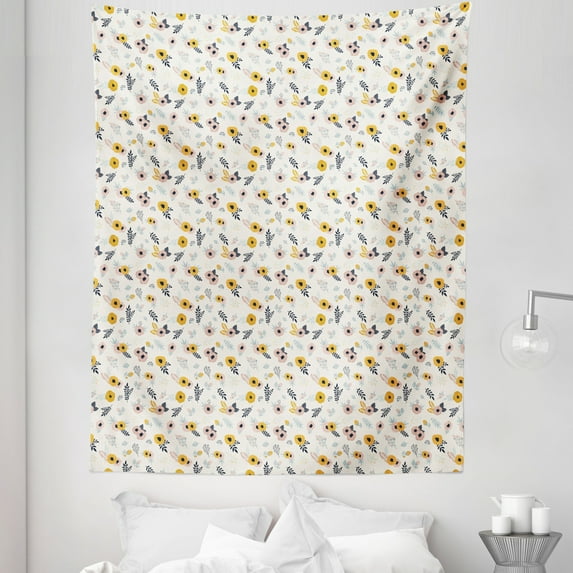 Spring Tapestry, Pastel Tone Romantic Nature Print with Abstract and Modern Floral Elements, Fabric Wall Hanging Decor for Bedroom Living Room Dorm, 5 Sizes, Eggshell Multicolor, by Ambesonne