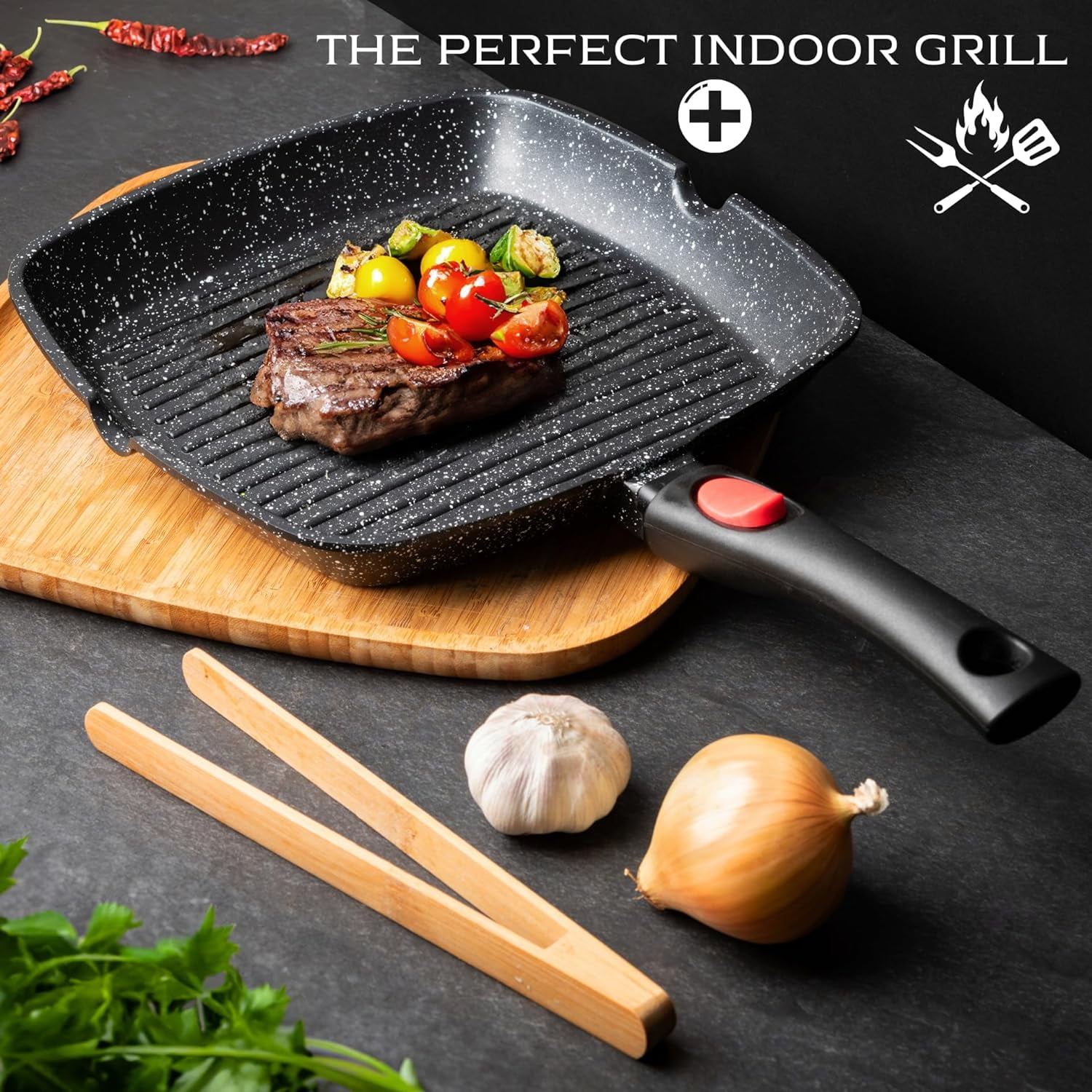 Moss & Stone Square Grill Pan For Indoor Cooking, Rv Die Casting Aluminum Grill Pan, Removable Handle Nonstick Stove Top Grill Pan for Meats & Vegetables, 11In Square Pan with Detachable Handle