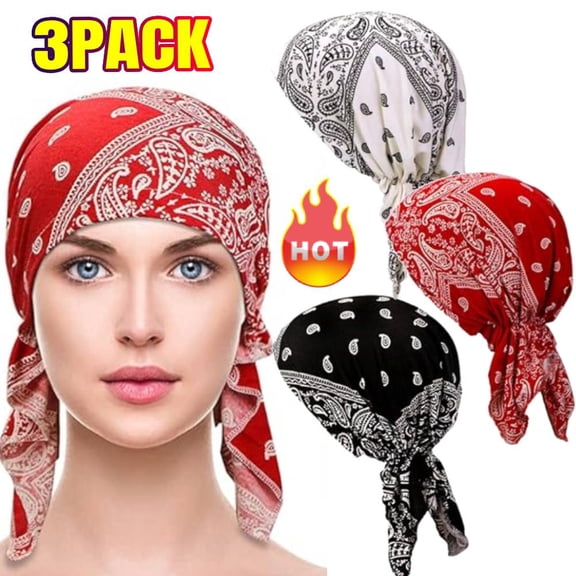 3 Pack Pre Tied Chemo Head Scarf, Beanie Skull Cover Cap for Women Headwear Hair Loss