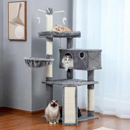 Modern Large Cat Tree with Spacious Condo, Large Top Perch, Cozy Hammock, Scratching Post, Climbing Ladder, Feeding Bowl and Cat Interactive Toy For Big and Fat Cats - Grey
