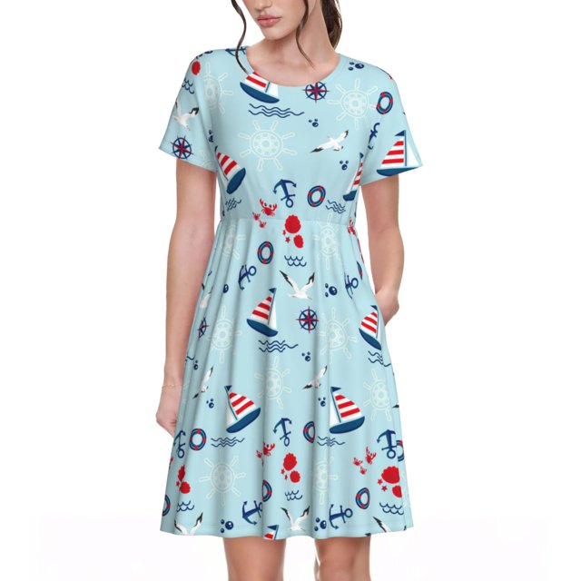 Disketp Sailboats Anchors para Vestido de Manga Corta para Mujeres, Vestidos de Verano para Mujeres, Casual y Holgado para la Playa
