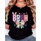 thumbnail image 1 of Women's Easter Bunny "Bruh" Graphic T-Shirt - Retro Minimalist Design, Black Round Neck Short Sleeve Tee with Playful Rabbit & Floral Egg Illustrations, Casual Comfort Fit for Spring & Summer, 1 of 7