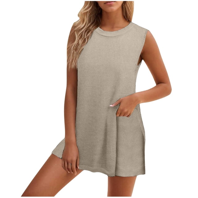 Timegard Ensembles Lounge pour Femmes Col Ras du Cou Mi-Long Débardeur Shorts Tenues en Tricot Confortables Mode d'Été
