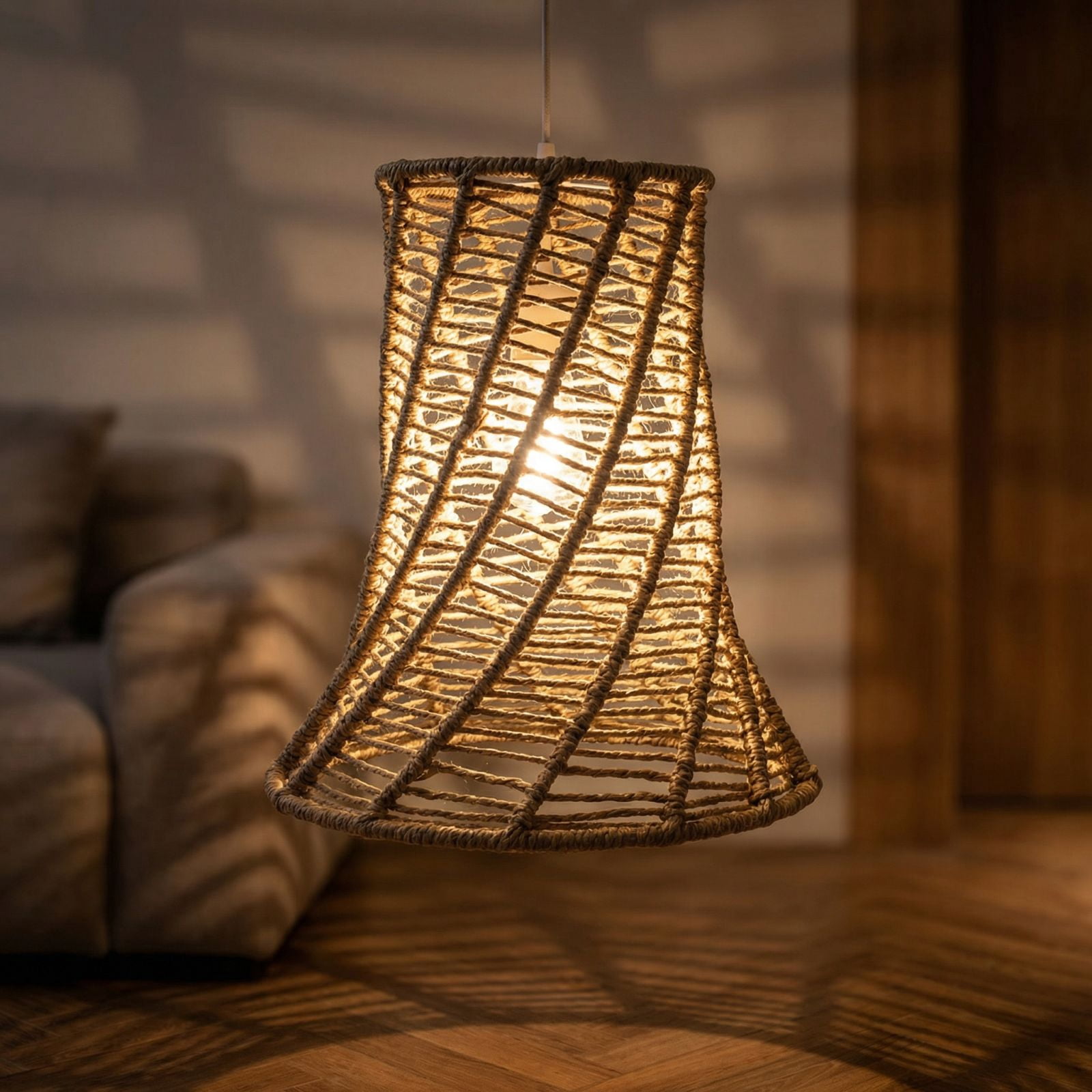 Artisanal Woven Hanging Lamp Guard, Retro Inspired Chandelier Shade, Natural Fiber Light Fixture Cover for Dining Room, Minimalist Pendant Lamp Accessory