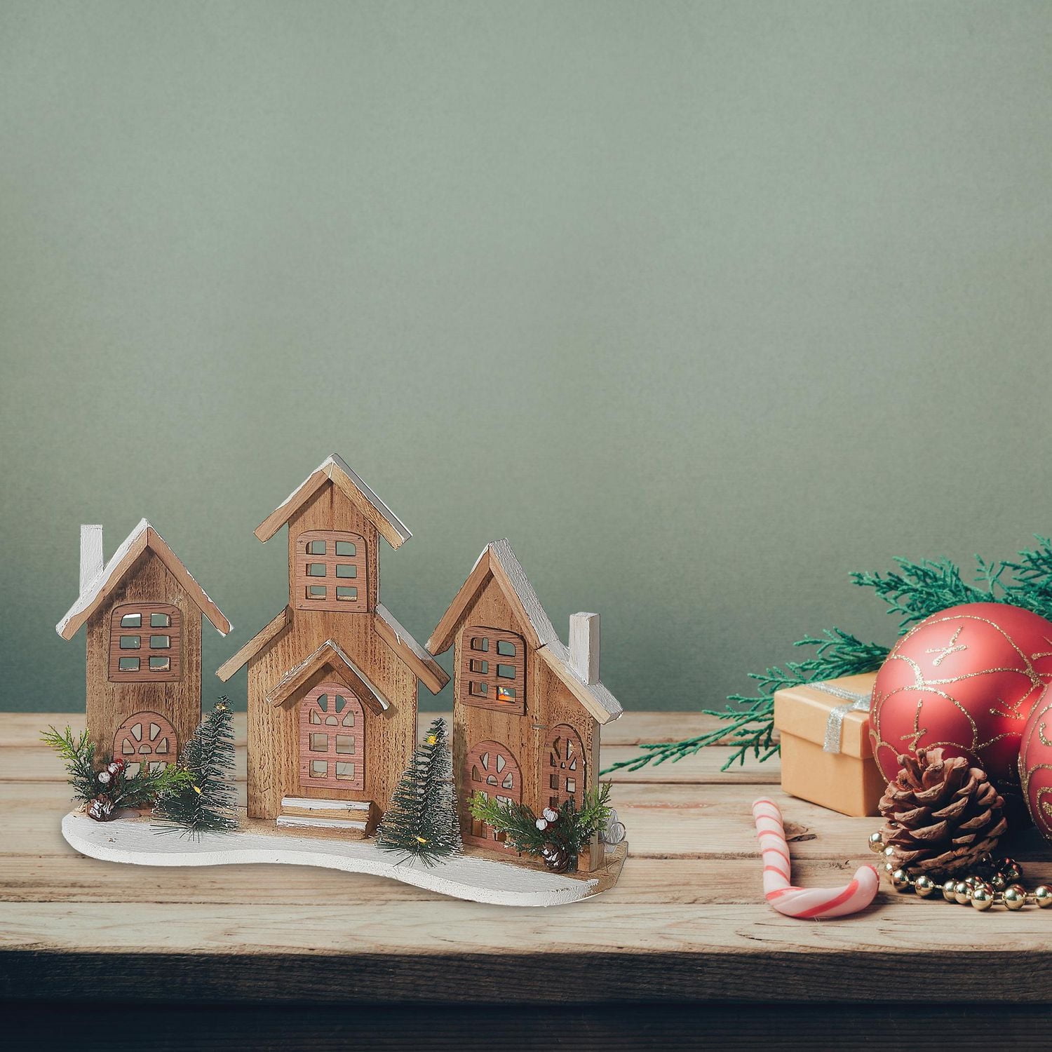 Maison En Bois Triple Marron À Led 10,43"