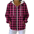 thumbnail image 2 of Zedker Casual Plaid Prints Drawstring Zipper Hooded Jackets Classic Women's Long Sleeve Fall Winter Ribbed Kniited Tops with Pockets,Hot Pink,M, 2 of 8