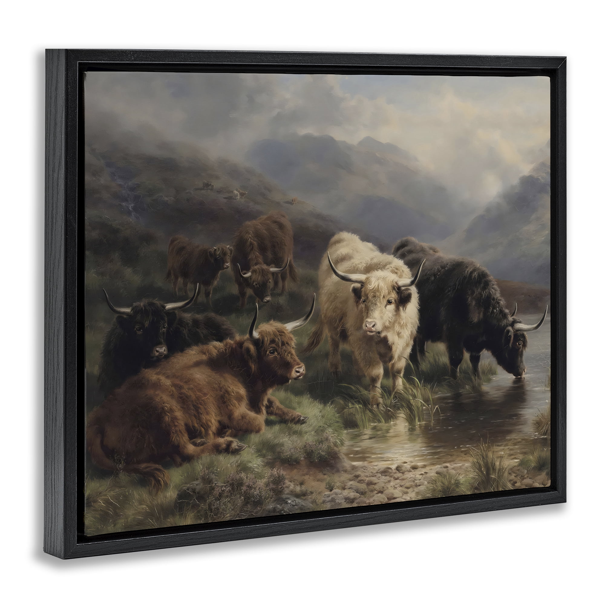 Stupell Industries Highland Cows Beside Misty Loch Black Framed Floater Canvas Wall Art, design by Arlington Prints