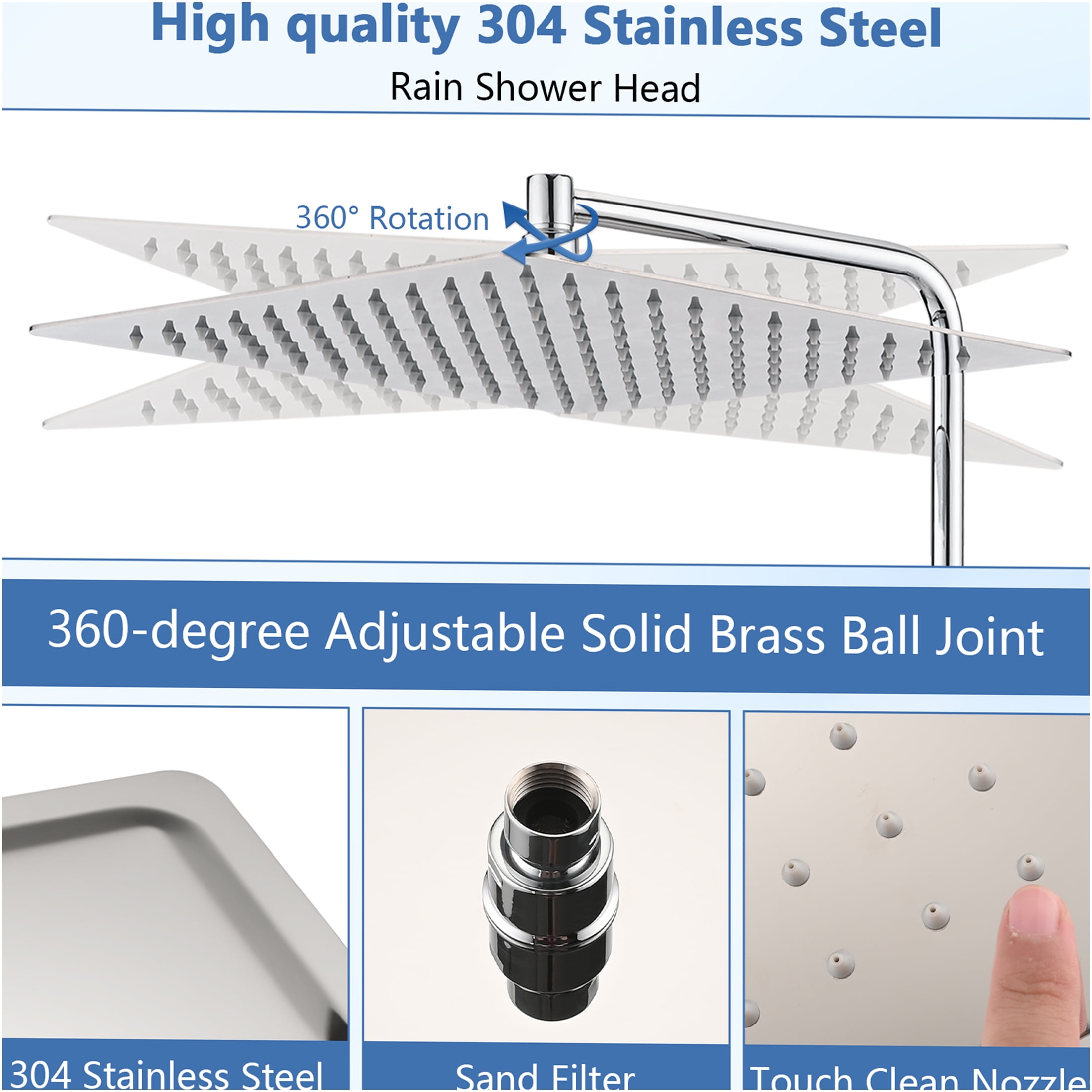 JERFIT 12 Inch Square Rain Shower Head with Adjustable Extension Arm, Wall Mounted High Pressure Stainless Steel Showerhead, Chrome Finish