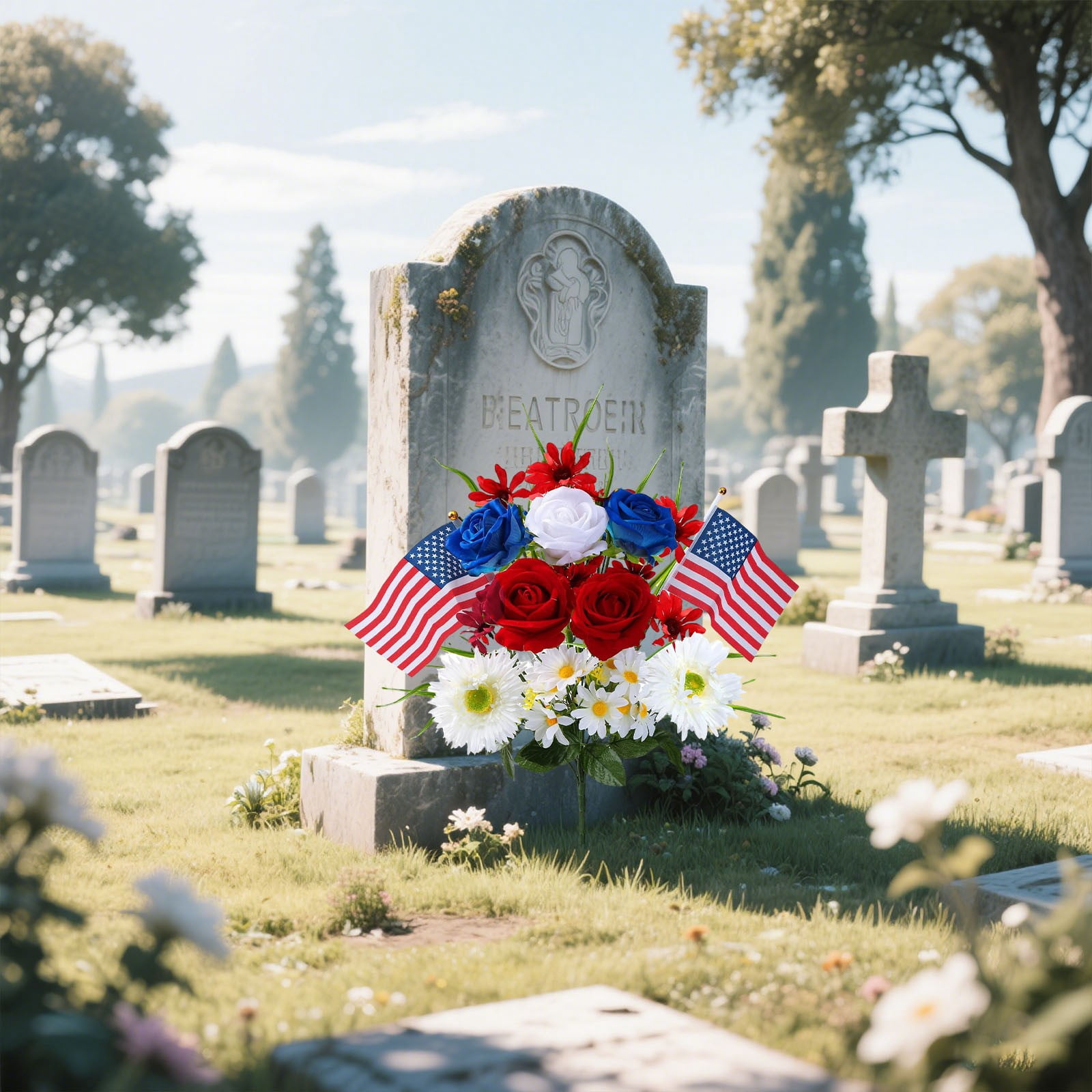 Patriotic Artificial Flowers,Mixed Bush Memorial Day Flower - Red White Blue Flowers Patriotic Memorial Bouquet - 4th of July Flowers for Home Decor,Cemetery, Silk Floral Arrangement,Table  Indoor