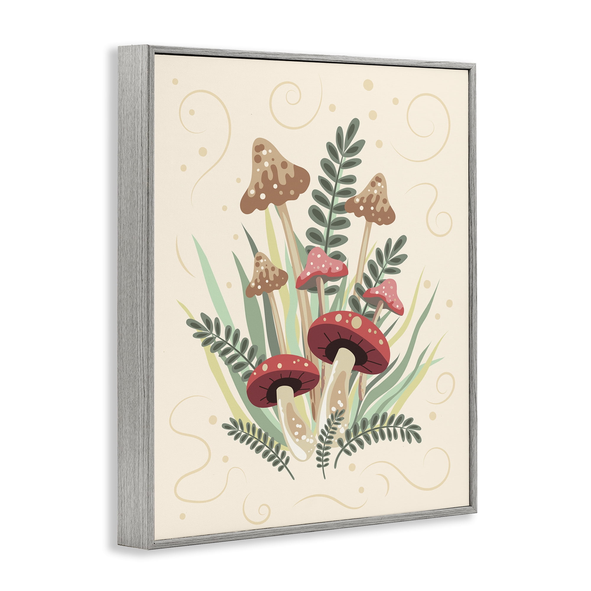 Stupell Industries Mushrooms & Swirl Pattern Botanical & Floral Painting Gray Framed Art Print Wall Art, 11 x 14
