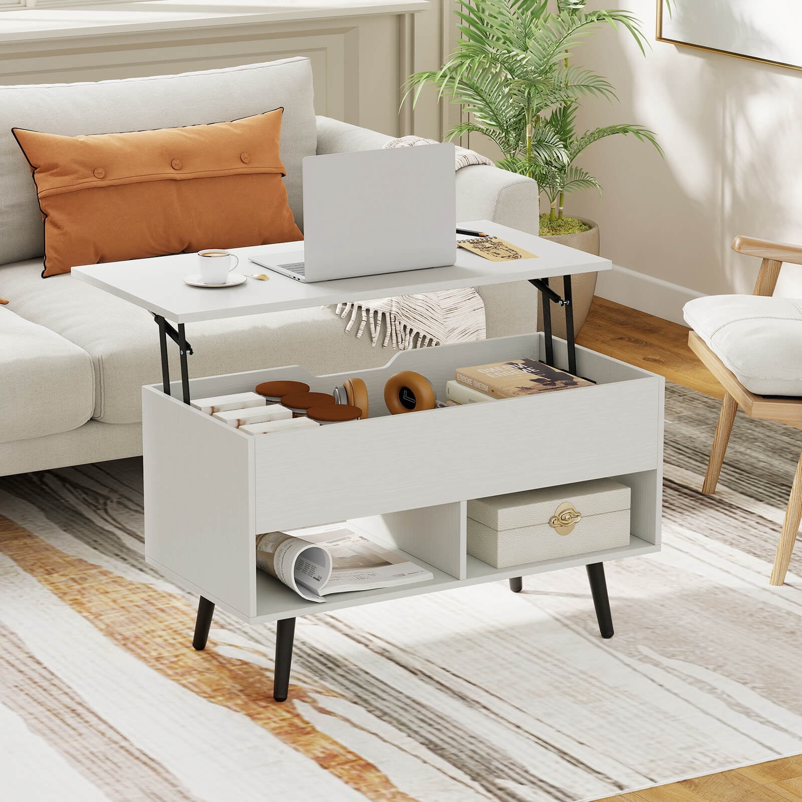 Costway 31.5" Lift Top CoffeeTable ModernTable with Hidden Compartment Wood Legs For Home White