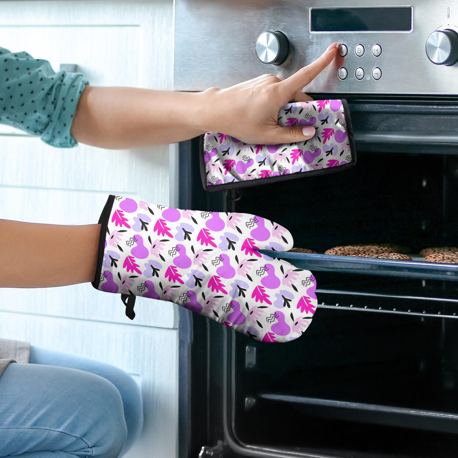 Floral Pattern Oven Mitts and Pot Holders Set Of 4, Heat Resistant Kitchen Gloves with Non-Slip Grip, Hanging Loop, Soft Cotton Lining for Baking, Cooking, Grilling, Barbecue