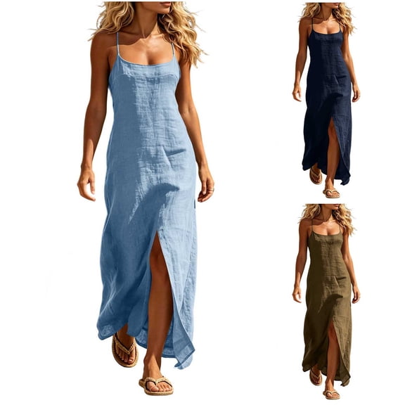 Split Slip Maxi Dress for Women, Straight Square Neck Thin Strap Solid Elegant Beach formal Long Dress Sky Blue XL(XL)