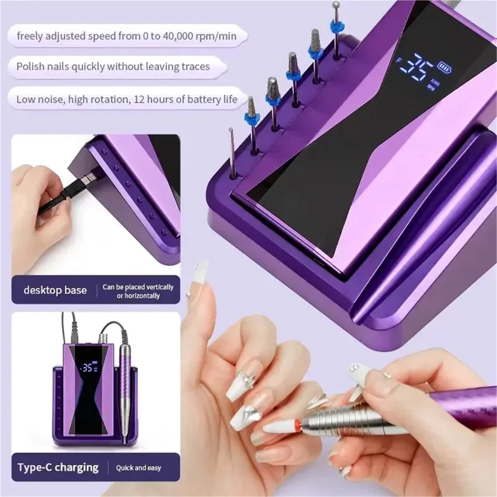 40000RPM Electric Nail Drill Machine 85W Handle Manicure Portable Polishing Tool Nail Drill Rechargeable Nail Art