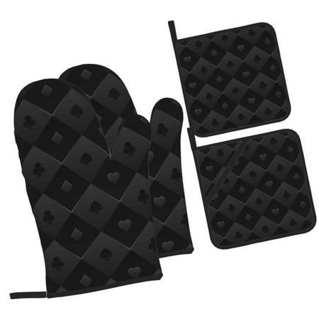 

Daiia Black Poker Pattern Oven Mitts and Pot Holders 4 pcs Set High Heat Resistant 500 Degree Extra Thicken Long Kitchen Cotton Oven Glove