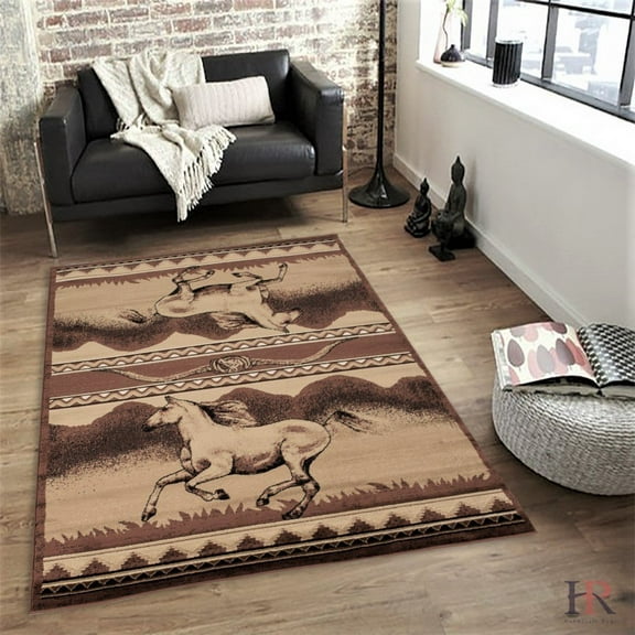 Lodge, Cabin Nature and Animals Area Rug - Stripped Pattern Cabin Area Rug - Abstract, Chocolate/Beige-Horse/Mountain