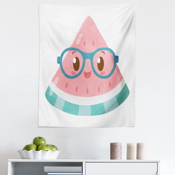 Kawaii Tapestry, Tasty Fruit Triangular Slice with Nerdy Funny Glasses Natural Food, Fabric Wall Hanging Decor for Bedroom Living Room Dorm, 5 Sizes, Pale Pink Seafoam and Blue, by Ambesonne