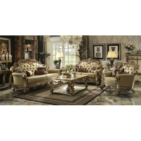 Formal Luxury Living Room Sets Vendome Antique Baroque Traditional 3pc Sofa Loveseat Chair Gold Finish Formal Bone PU Couch Set ()