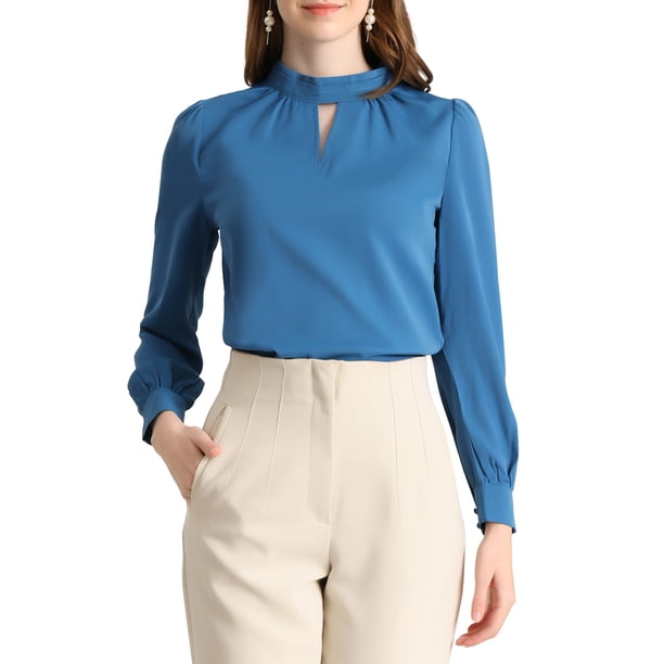 Blusa de botón con cuello de pie y pliegues para mujer INSPIRE CHIC XL azul pavo real