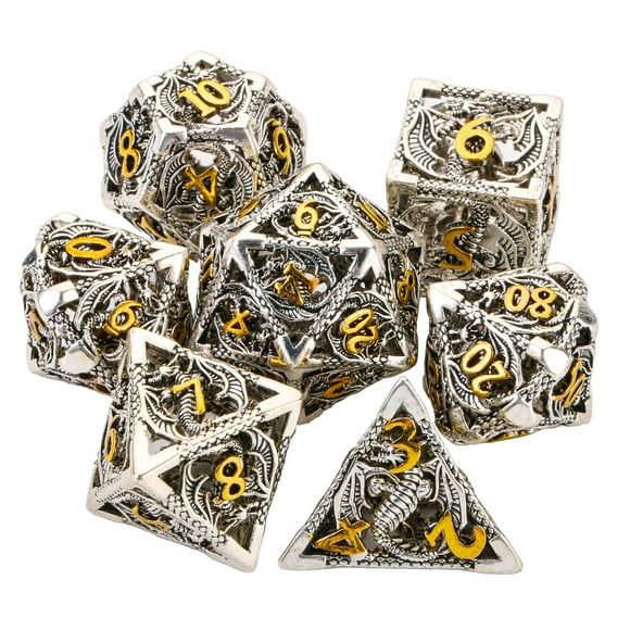 Juego de dados Dnd de metal, dados de dragón únicos poliédricos huecos, juego de dados de mazmorras y dragones, regalos D&D, juego de dados de rol, 7 Cps con caja de regalo, juegos de mesa, tarjeta Pa