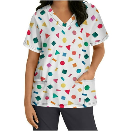 

Honeeladyy Clearance under 5$ Working Uniform for Womens Scrub_Top with Pockets Cute Short Sleeve Vneck Workwear Nurses Clinic Carer Summer Shirts