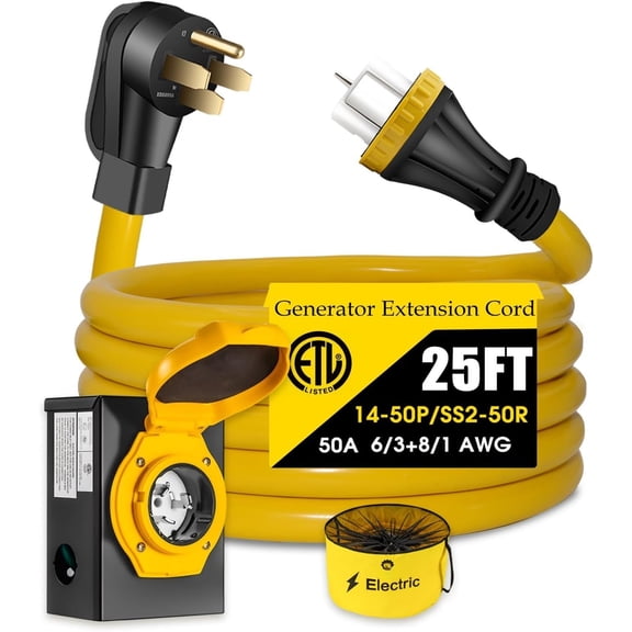 50 Amp Generator Cord with Pre-Drilled Power Inlet Box, Real Heavy Duty STW 6/8/1 AWG,125V/250V NEMA 14-50P to SS2-50R Generator Extension Cord with Extra Hosec Storage Bag,ETL Listed (25FT)