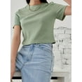 thumbnail image 4 of Womens Round Neck Solid Rib-knit Cropped Tee Short Sleeve Summer Blouse For Women, 4 of 6