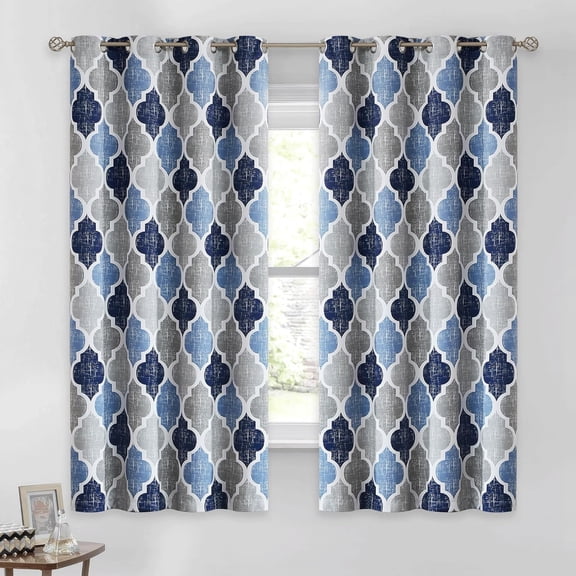 100% Blackout Curtains 45 Inches Long 2 Panels for Bedroom Living Room Blue Grey Moroccan Geo Room Darkening Thermal Insulated Soundproof Grommet Top Window Treatments Drapes, 50x45 Set of 2