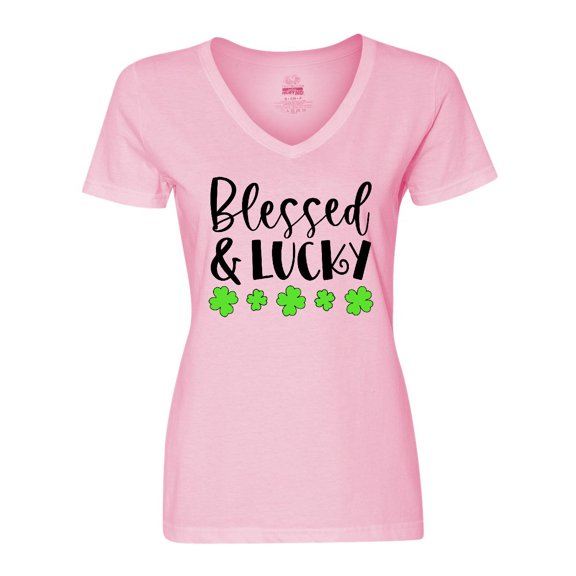 Inktastic Blessed and Lucky 4 Leaf Clovers St. Patrick's Day Women's V-Neck T-Shirt
