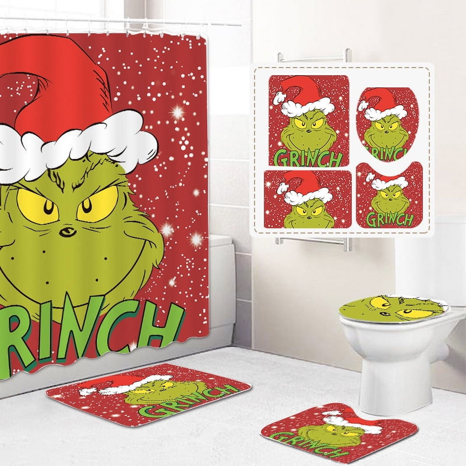 4 Pcs Christmas Bathroom Set, Christmas Shower Curtain Sets  Shower Curtain Non-Slip Rugs Toilet Lid Cover and Bath Mat Set 72 X 72 Inches with Hooks Christmas Holiday Bathroom Decor