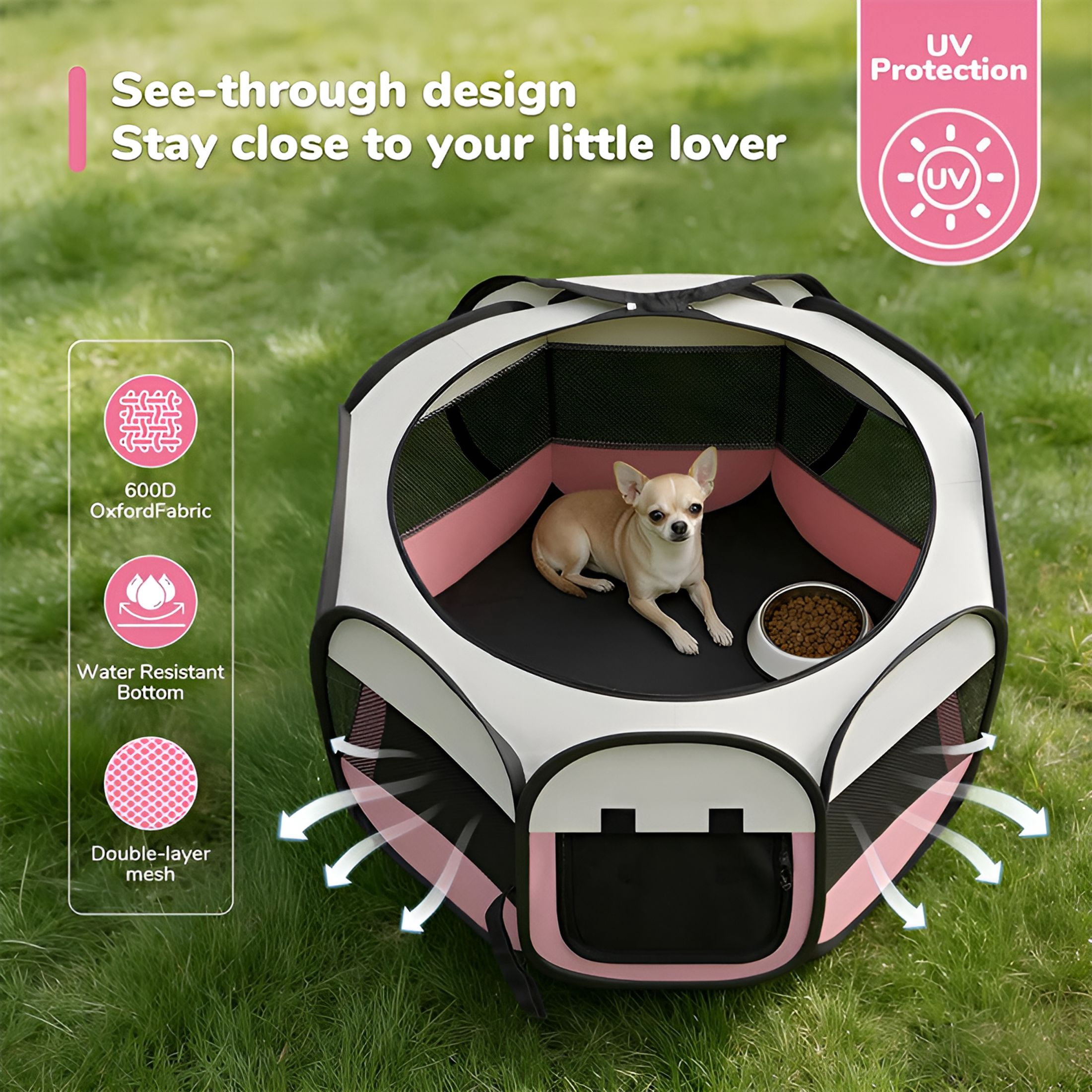 XIBUFE Dog Cat Playpen,Portable Puppy Pet Crate Indoor for Small Dogs Cats Rabbits,Foldable Dog Cage Enclosure for Outdoor,Pop Up Dogs Tent Kennel with Carrying Case,Pink