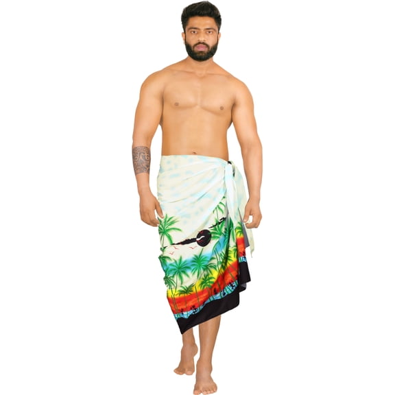 HAPPY BAY Men's Bath Trunk Swimsuits Sarong Pareo Wrap One Size White, Beach Island Summer Vacation Aloha
