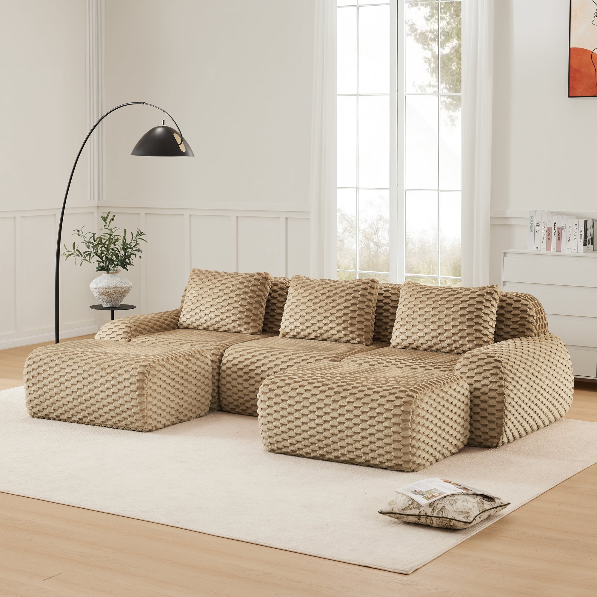 MAYEERTY 114" U-Shaped 3-Seater Modular Sofa, Textured Flannelette, Movable Ottoman, Boneless, No Assembly, Light Camel