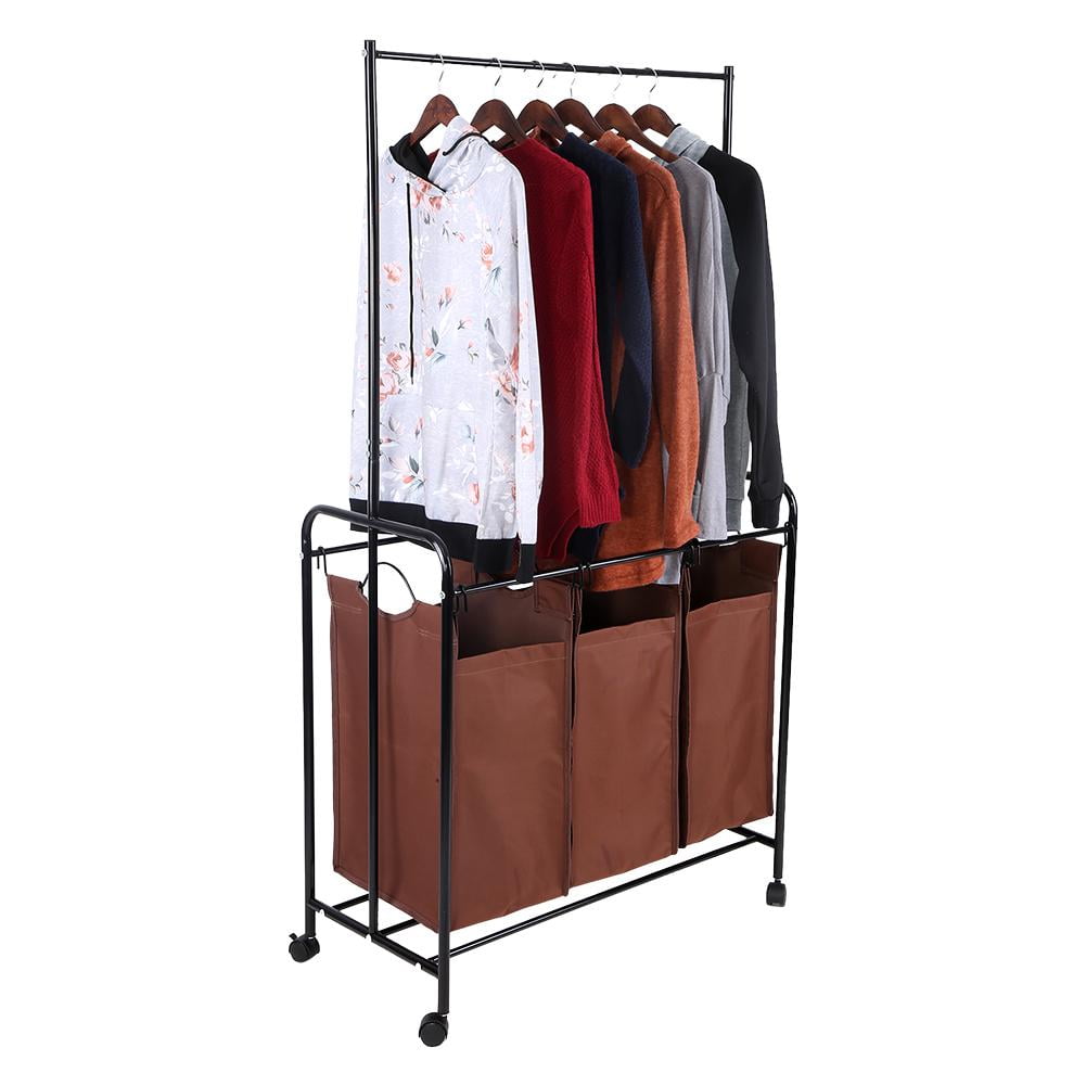 FAGINEY 3 Durable Detachable Bags Mobile Laundry Sorting Trolley Cart with Clothes Rod , Sorting