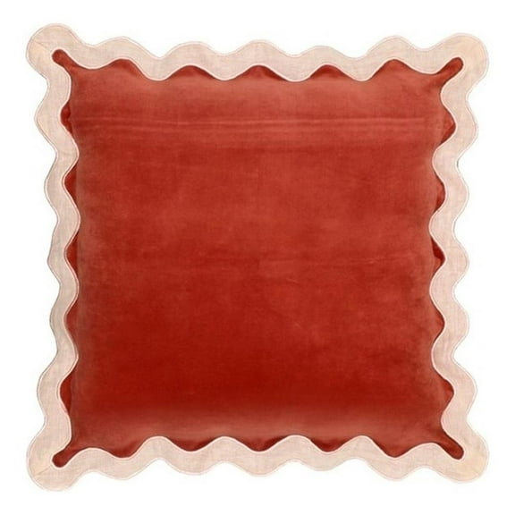 Pemberly Row Scalloped Edge Cream and Rust Cotton Velvet Throw Pillow