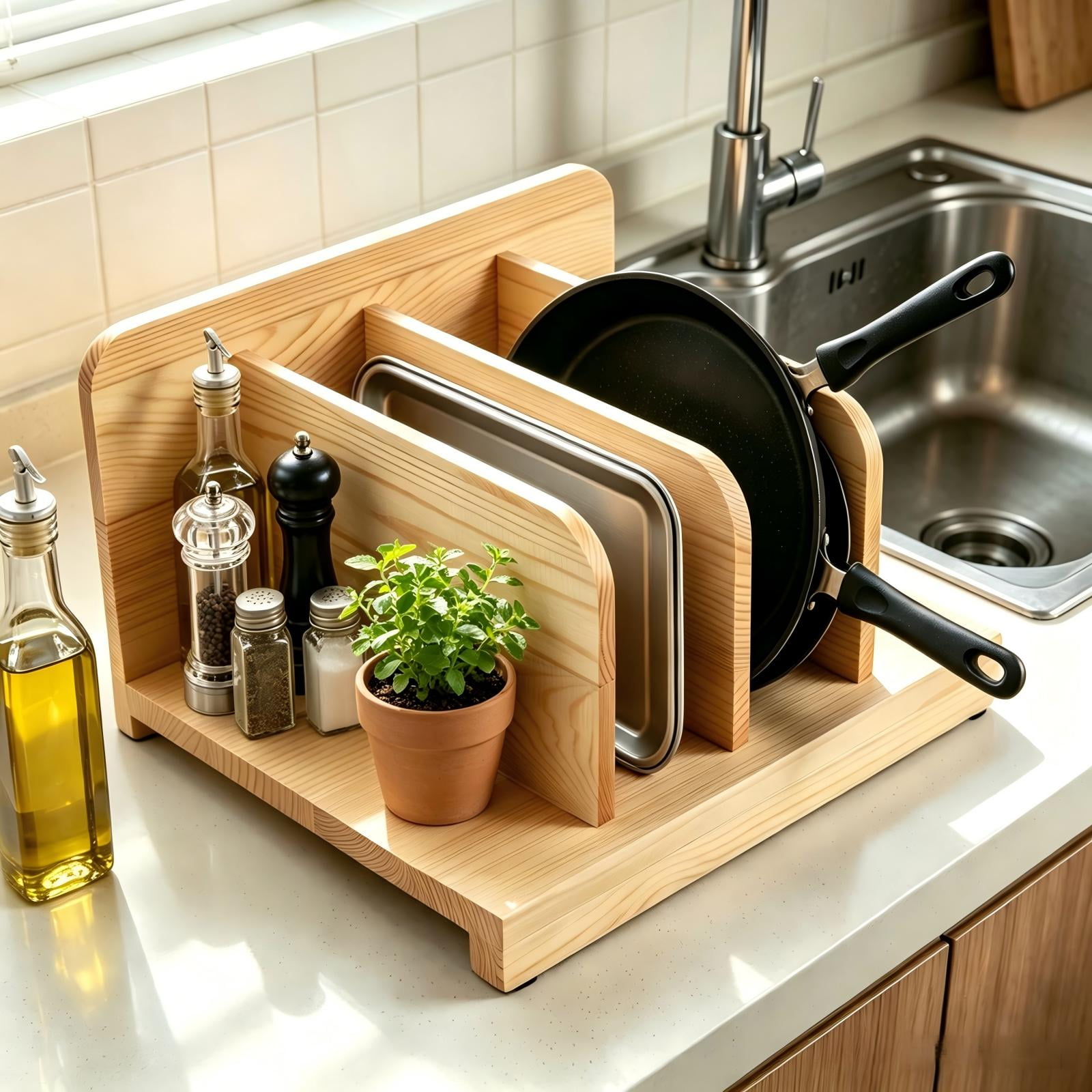 Waxgamo Tray Dividers for Kitchen Cabinets, 4-Slot Vertical Organizer for Pots, Pans, Lids, Cutting Boards & Bakeware, Wooden Storage Rack