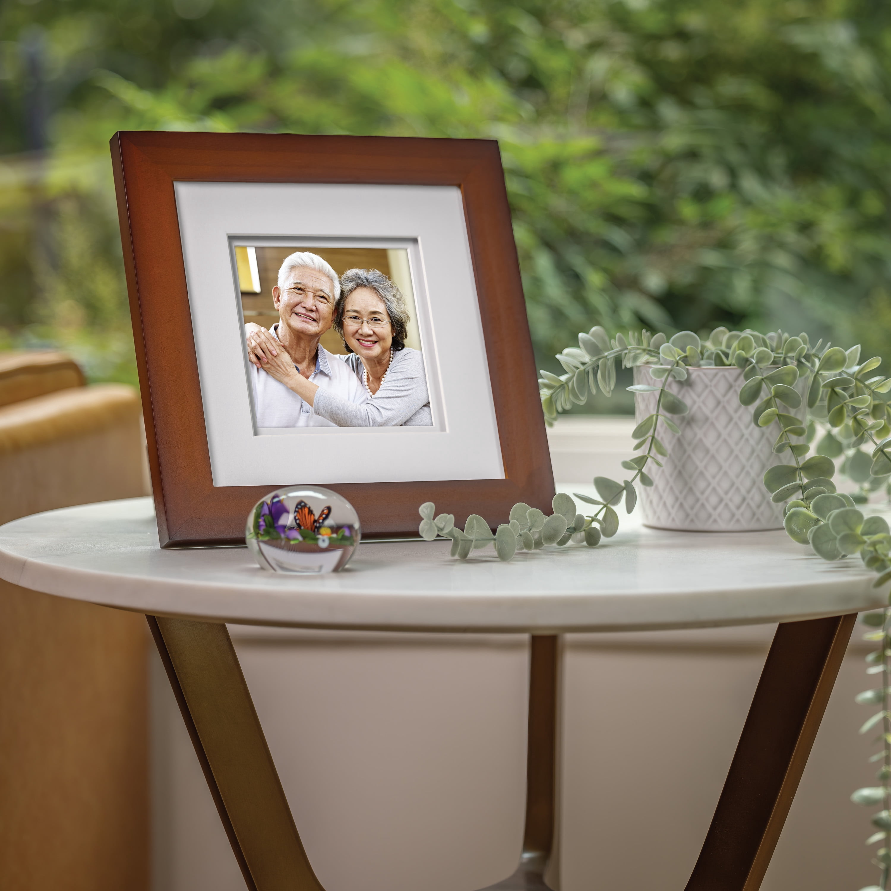 Gallery Solutions Flat Walnut Picture Frame Double White Mat Airfloat Tabletop Wall Display 8" x 8" for 5" x 5" Photos 1-pack