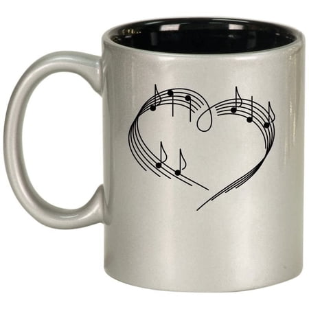 Heart Love Music Notes Ceramic Coffee Mug Tea Cup Gift for Her, Sister, Wife, Best Friend, Birthday, Cute, Graduation, Music Lover, Artist, Musician, Music Teacher, World Music Day (11oz Silver)