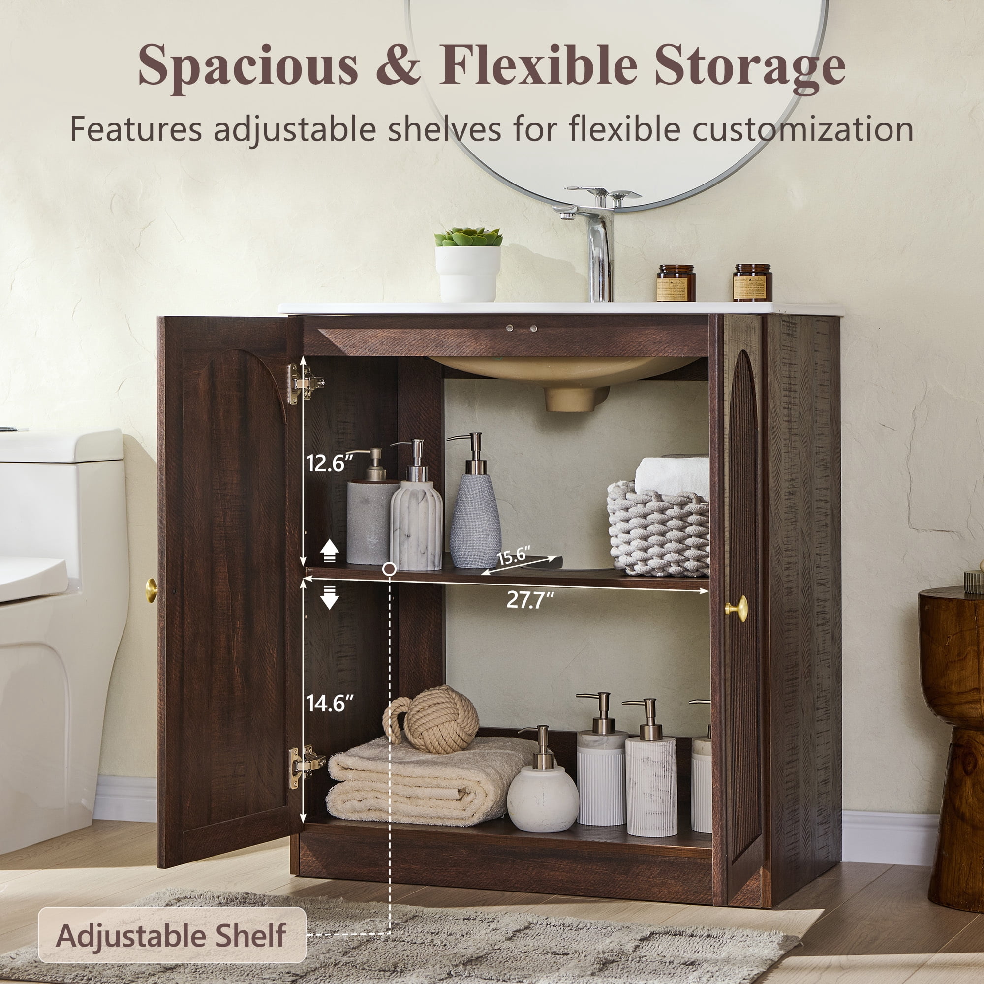 SinCiDo 30 Inch Bathroom Vanity with Sink, Arched Bathroom Vanity Cabinet with Ceramic Basin, Modern Fluted Bathroom Vanity w/Adjustable Shelf