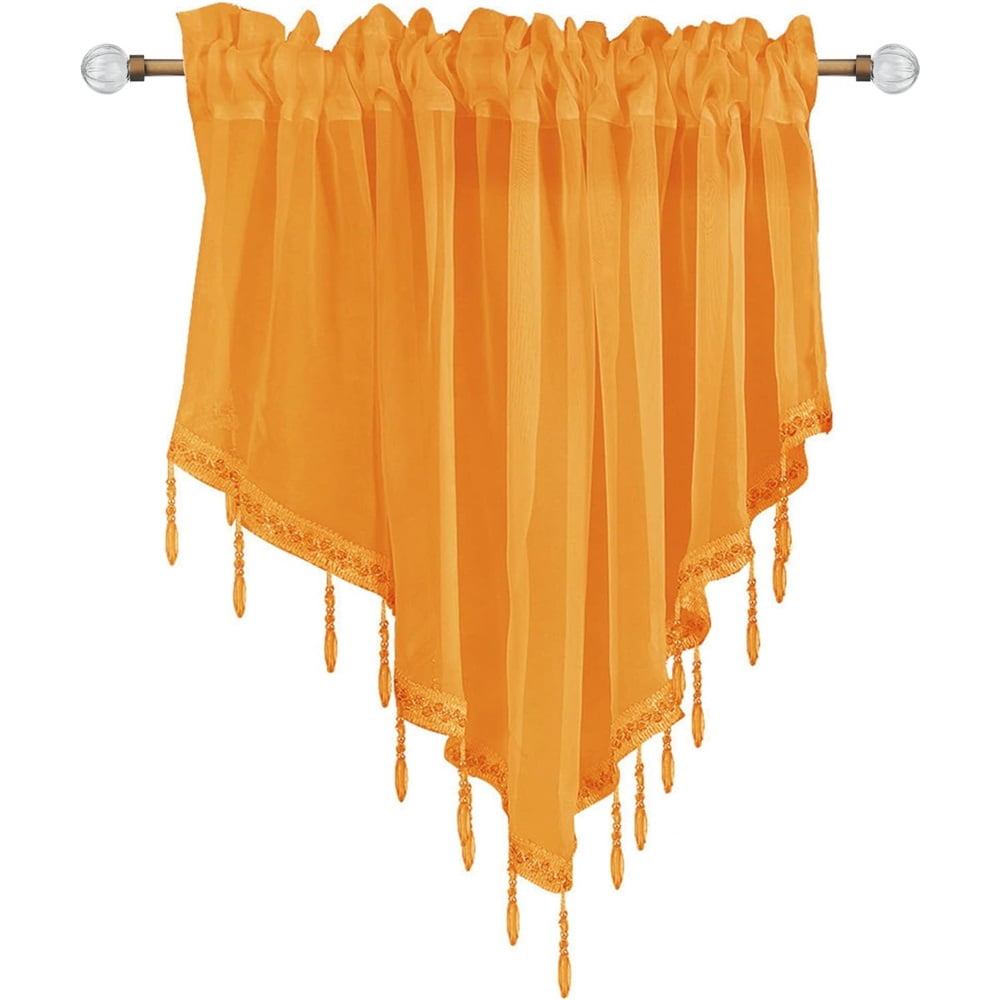 2 pack Beaded Sheer Windows Valance 51.2 in W x 23.6 in L, Scalloped Kitchen Curtain, Bathroom Swag Sheer with Rod Pocket, Short Valance Drape for Bedroom Living Room