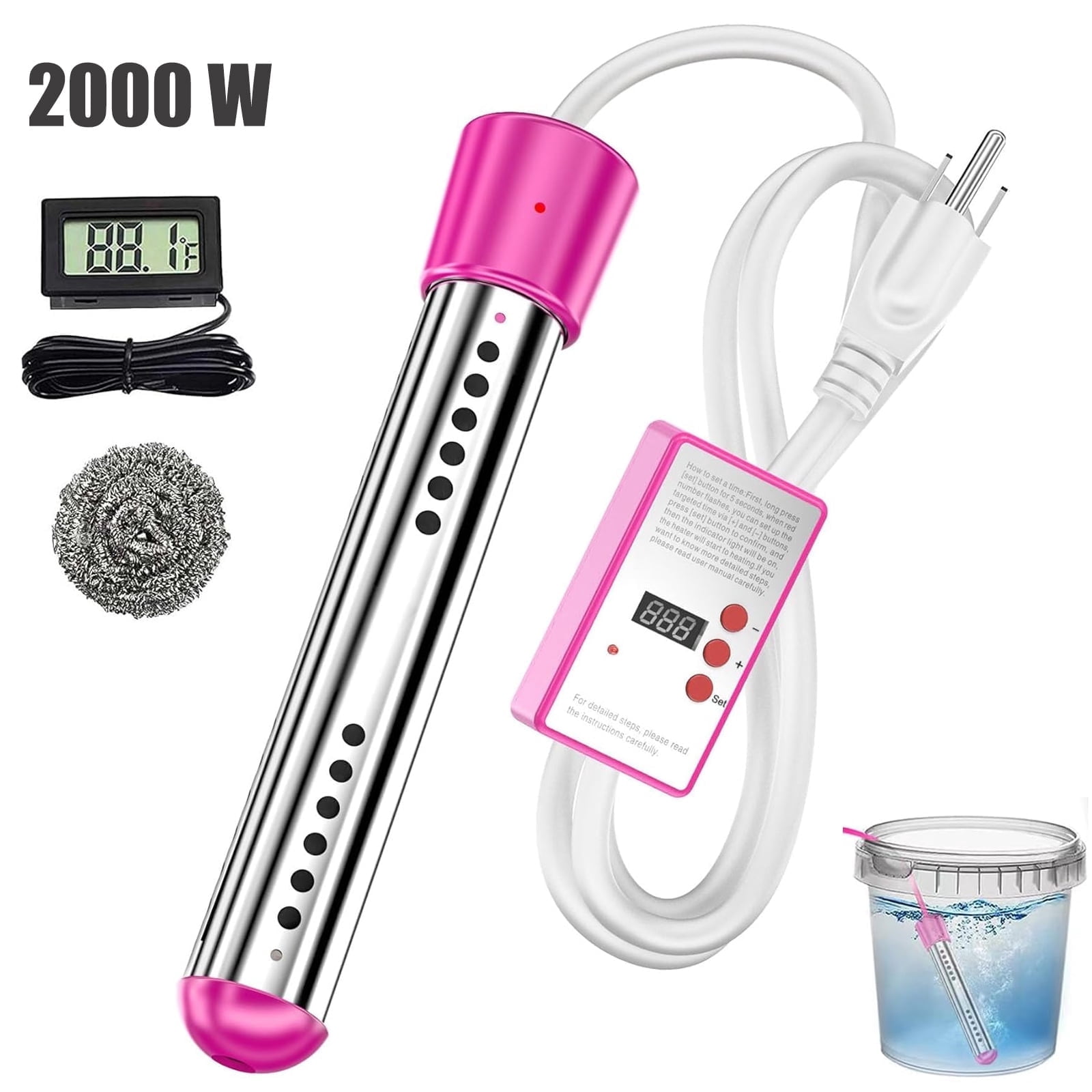 DICEEVIL Immersion Water Heater, 2000W Portable Bucket Heater with Timer Digital Thermometer Stainless-Steel Portable Submersible Water Heater for Inflatable Pool Bathtub, Basin, Pink
