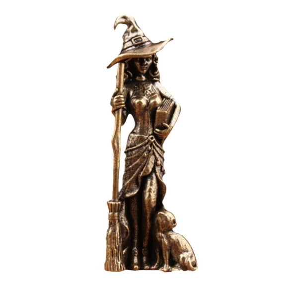 Brass Witch Statue - Brass Witch Statue with Cat, Handcrafted Decorative Figurine for Home, Altar or Bookshelf, Mystical Gift for Witchy Aesthetic and Occult Enthusiasts