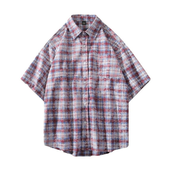 WREESH Men's Button Down Shirts Casual Fashion Plaid Short Sleeve with Turn-Down Collar and Pockets for a Summer Style Purple
