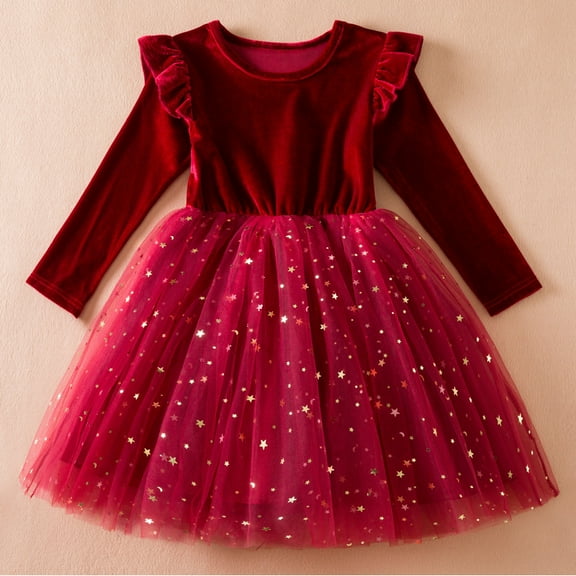 Baby Girl Christmas Outfit 0-3Month Toddler Velvet Dress Little Girls Fall Winter Long Sleeve Ruffle Holiday Birthday Party Dresses with Pockets