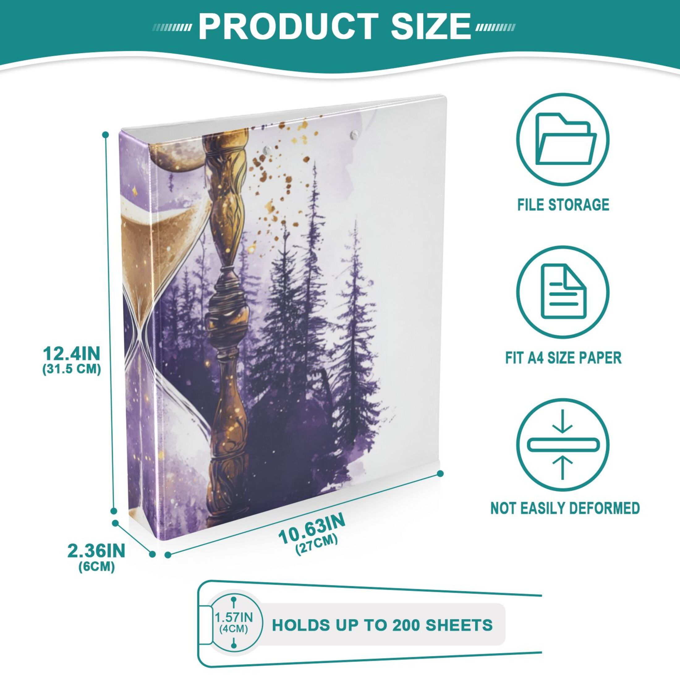 Purple Hourglass Forest 3 Ring Binders 1.5 inch Hardcover File Folders with Interior Pockets A4 Size Organizer for School Office Hospital