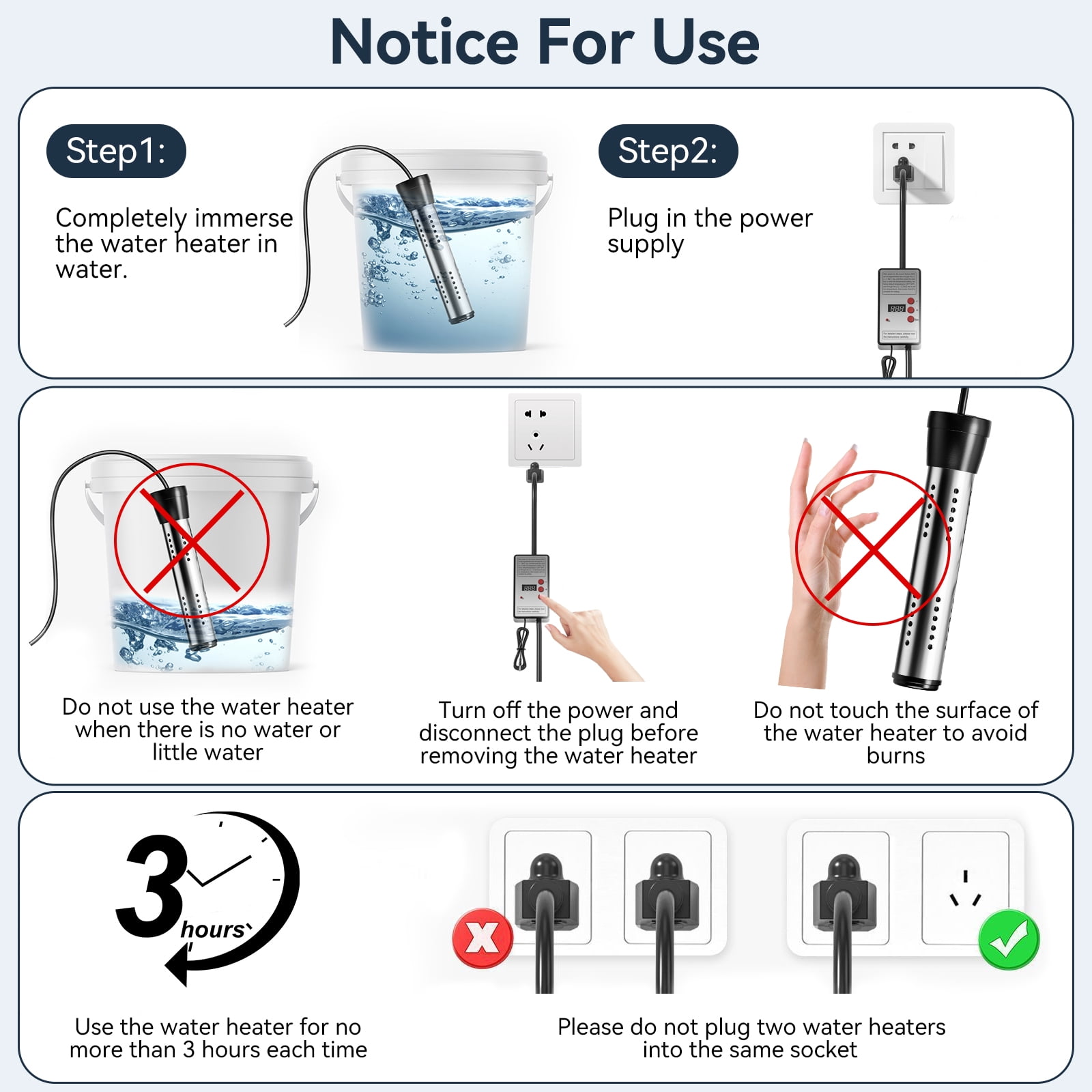 2000W Immersion Water Heater with Thermostat  Floating Bucket Heater with Timing Temperature Control Setting Auto Shut-Off 304 Stainless-Steel Guard Water Heater Rapid Heating in Minutes